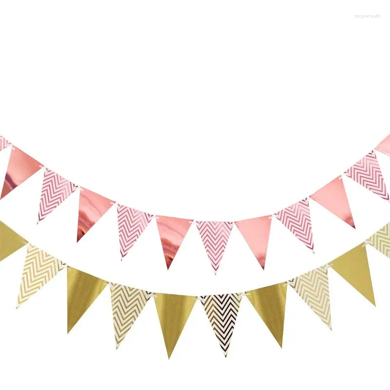 Décoration de fête Fanion en or rose Bannière ondulée Drapeau de couleur 12 pièces Double face Bronzing Stripe Pull Arrangement en gros