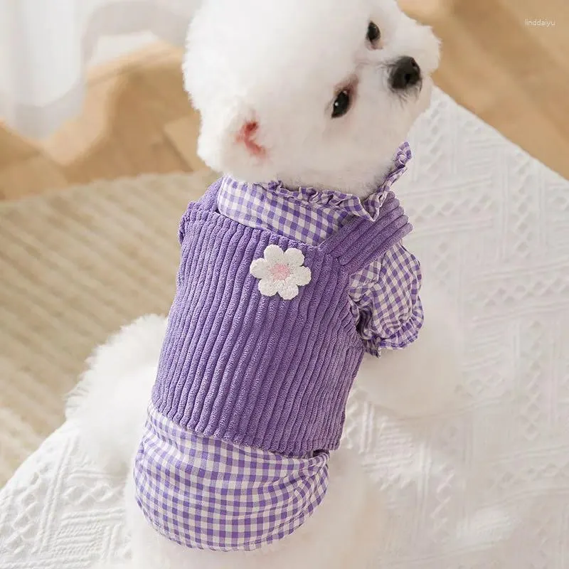 Vêtements de chien Summer Purple Chemises Plaid Fleur Vêtements Mince Deux Pièces Costume Chiens Vêtements Mignon Fille Chiot Teddy Schnauzer Tenues Pour Animaux De Compagnie Gilet