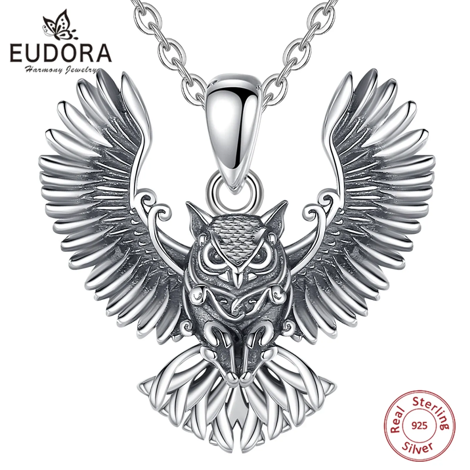 Hängen Eudora 925 Sterling Silver Cool Owl Necklace For Women Man Vintage Hip Hop Owl Amulet Pendant Personality Jewelry Party Gift Gift