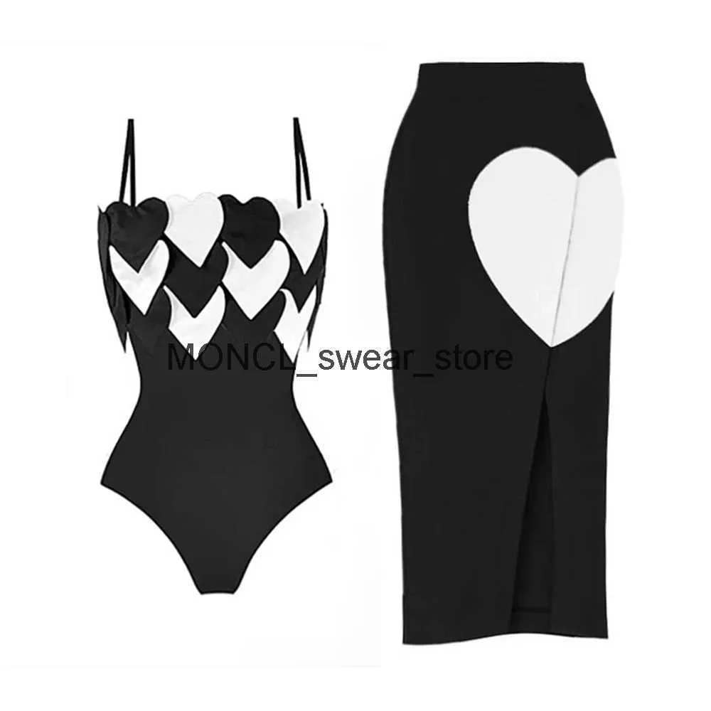 Women's Swimwear 2023 Sexy One Piece Swimsuit Women with Beach Skirt Bathing Suit Heart Printed Beachwear Monokini Swim SummerH24221
