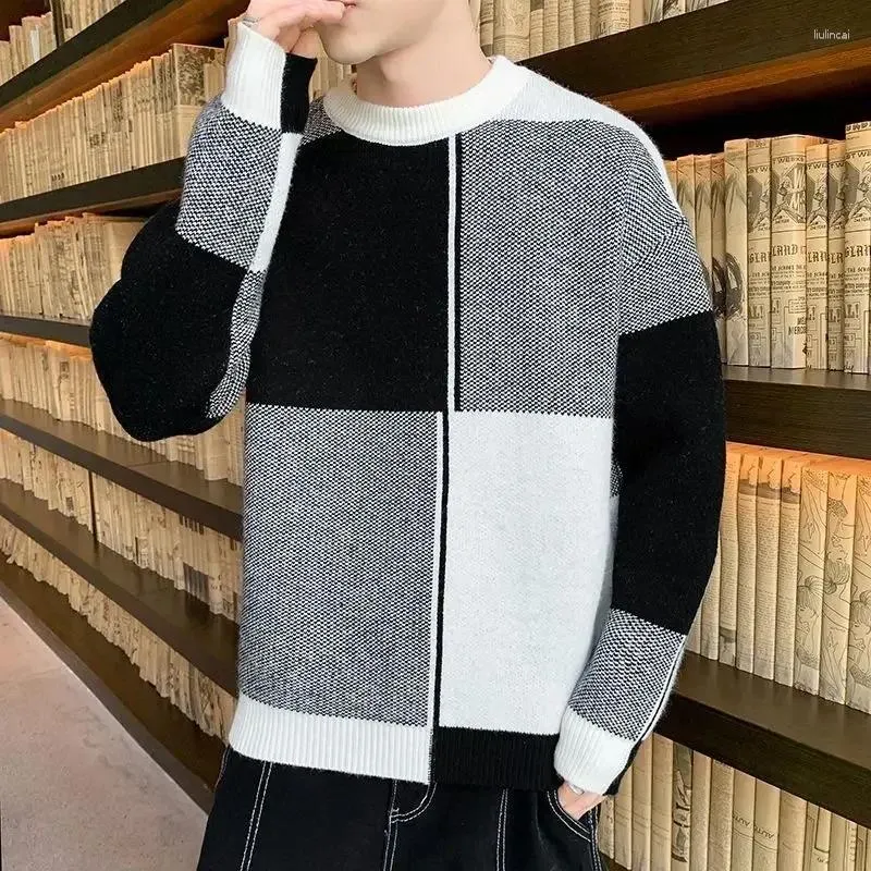 Männer Pullover Gestrickte Für Männer Grün Plaid Mann Kleidung Crewneck Runde Kragen Pullover Über Fit Stricken Verkauf Produkte 2024 spaß S