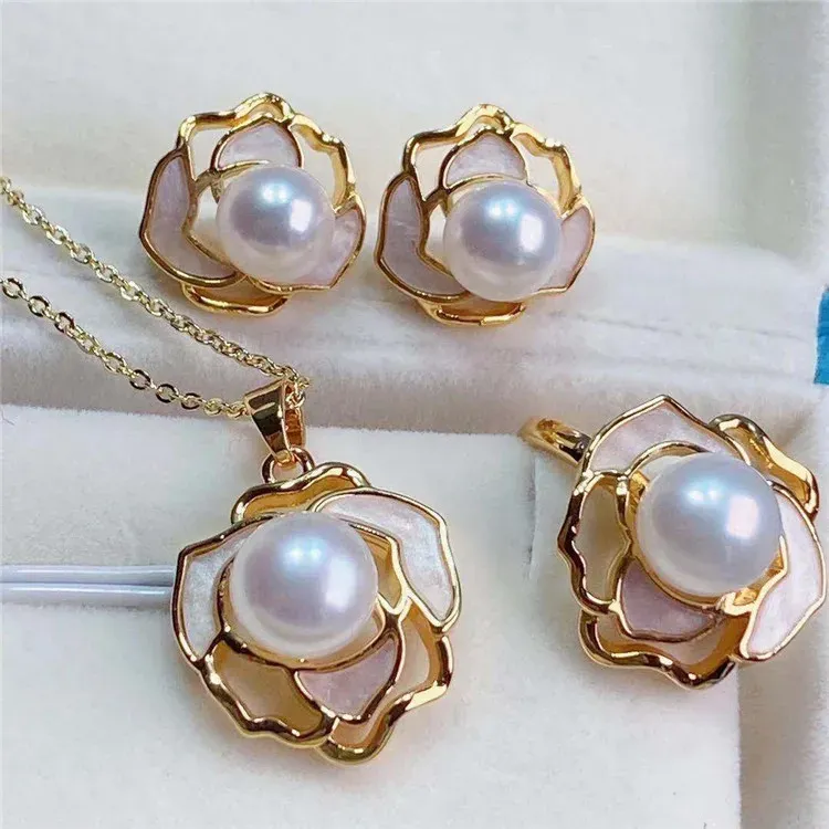 Ensembles de bijoux en perles de camélia pour femmes, ensemble de bijoux en or 14 carats, véritable collier de perles d'eau douce naturelles, boucles d'oreilles, bagues, nouvelle collection
