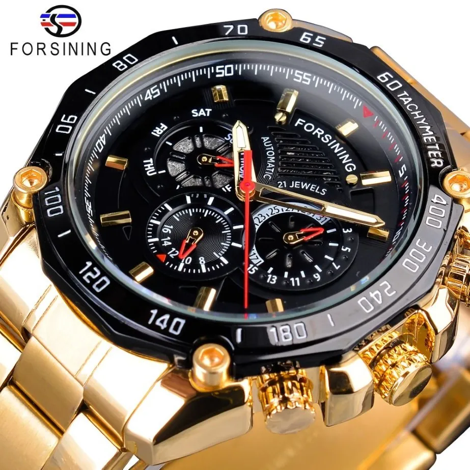 Forsining Watch Golden Stainless Steel Three Dial Design Mens Racing Sport 자동 손목 시계 최고의 브랜드 럭셔리 릴로고 메카이 247e