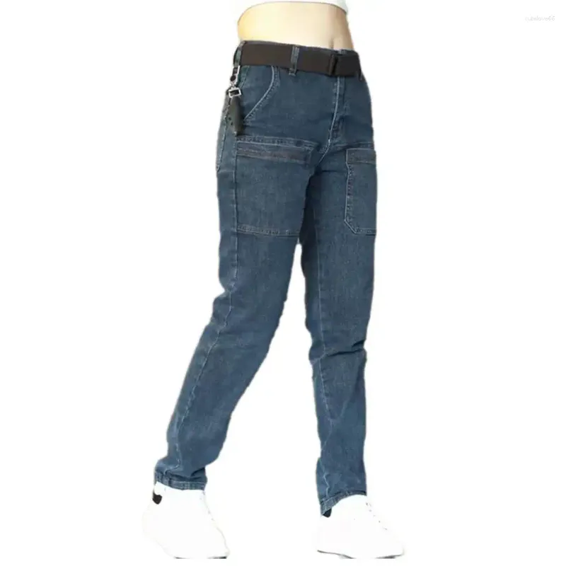 Męskie dżinsowe spodnie dżinsowe spodnie retro średnia talia z wieloma kieszeniami zamykanie guzików zamka o proste dopasowanie kostki