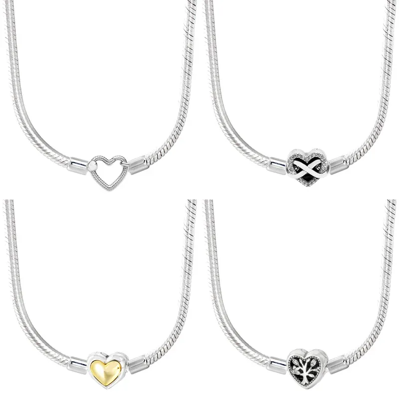 Zestawy Oryginalne muskulanki Blish Infinity Heart Zamknięcie Naszyjnik w łańcuchu węża do popularnego 925 Srebrnego Koralika Charm DIY Jewelry