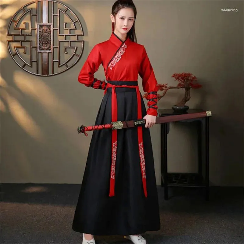 Stage Wear Chinese Dress Ancient Hanfu Kimono Black White Red Dresses Embroidery Martial Arts Style Dance Cosplay Costumes