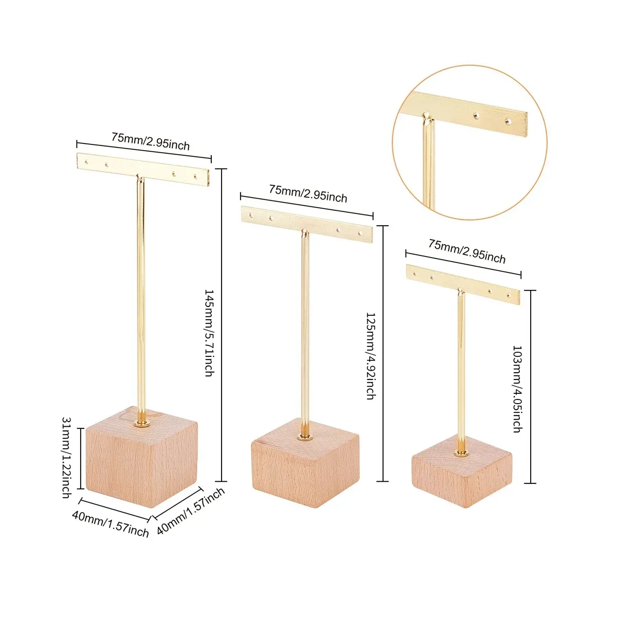 Wyświetlacz 3PCS Gold Metal T Stojak na kolczykach z drewnianą kwadratową podstawą 4 otwory Uchwyty biżuterii wiszące organizator kolczyków