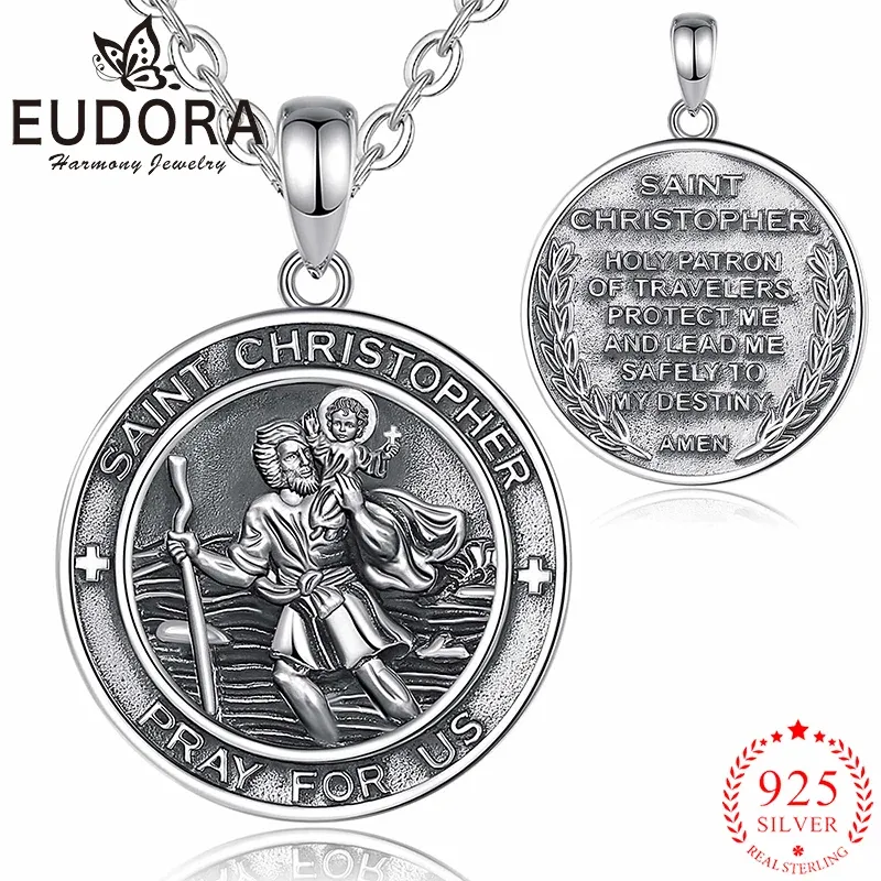 Pendants Eudora 925 Sterling Silver St Christopher Necklace Vintage Medallion Cross Pendant for Men Women Personality Religious Jewelry