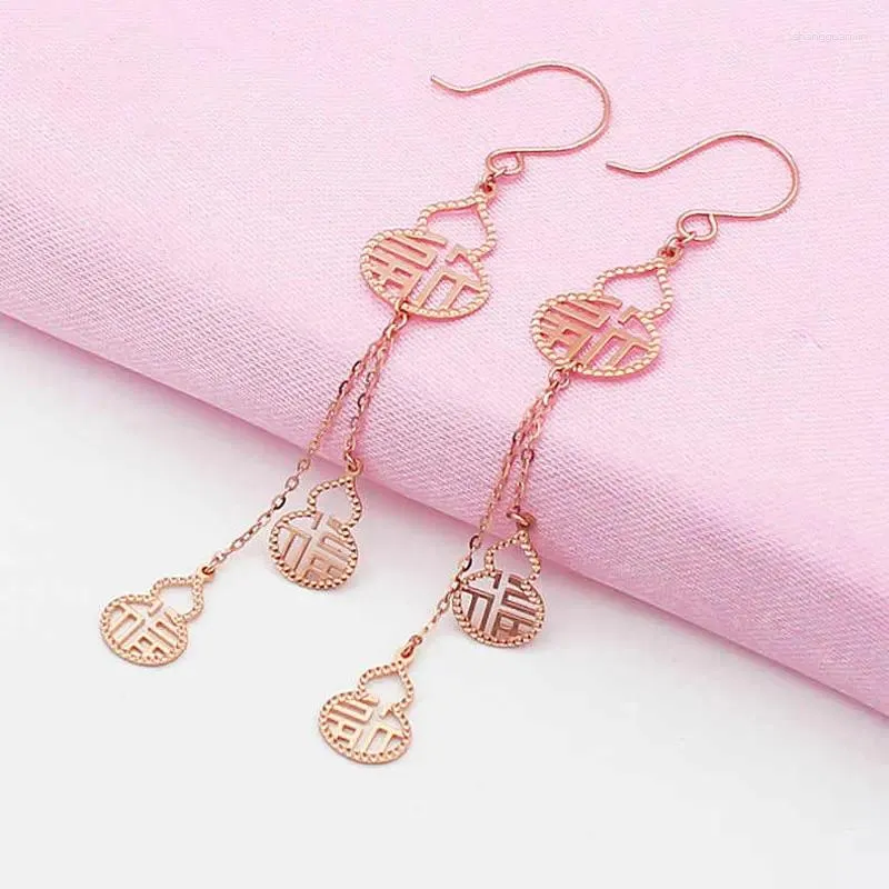 Boucles d'oreilles pendantes à breloque classique, gourde Fu en or violet 585 pour femmes de Style ethnique plaqué Rose 14K, bijoux de style Long