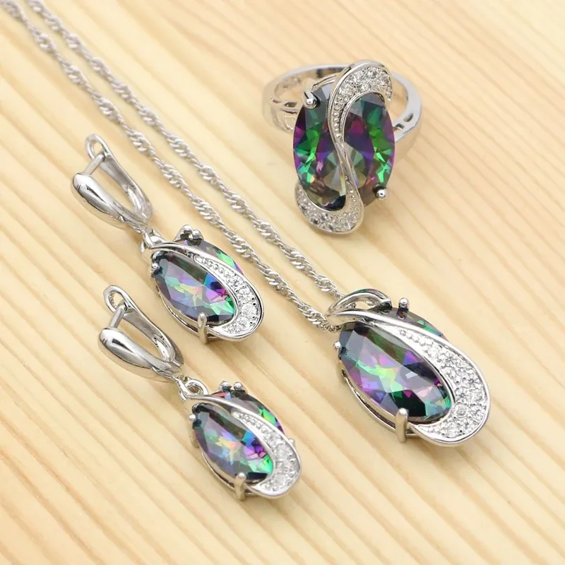 Setler Mystic Rainbow Kübik Zirkonya Takı Setleri 925 STERLING Gümüş Gelin Mücevherleri Kadınlar için Düğün Kolyesi/Küpe/Kolye/Yüzük