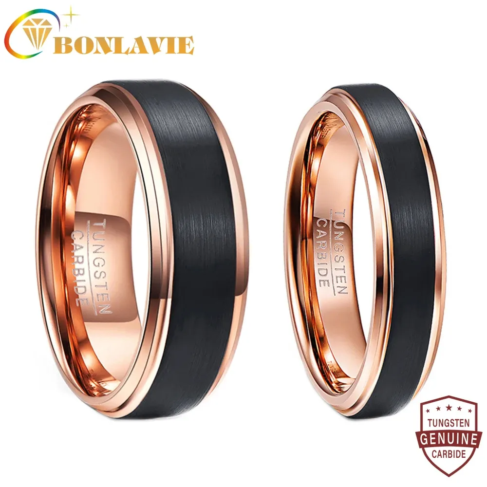 Группы Bonlavie Rose Gold Plated Carbide Carbide Corbide для мужчин Черный маточный обручальный ряд Шаг скозму краю