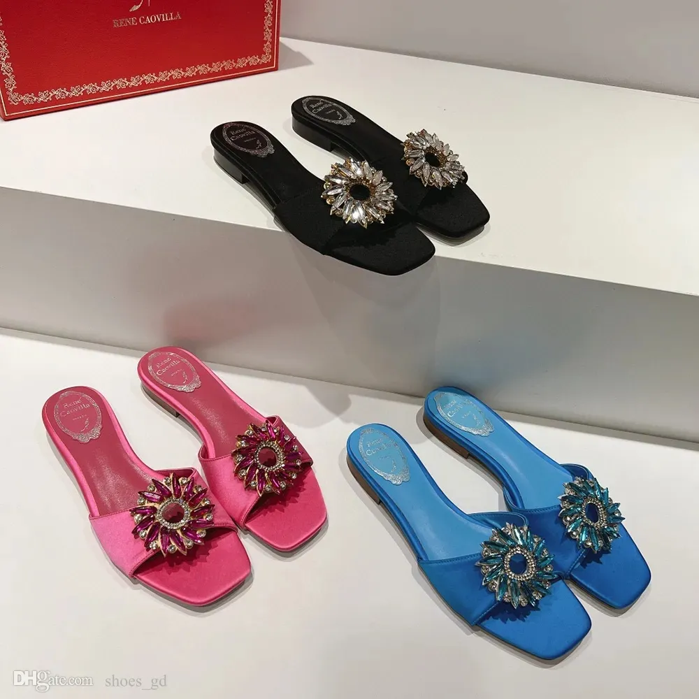 Crystal Flowers Embellished Buckle Flat Slides Slippers Mules Fashion Sandals Open Toes Luxury Designer For Women Holiday Flats and Leisure Sandal