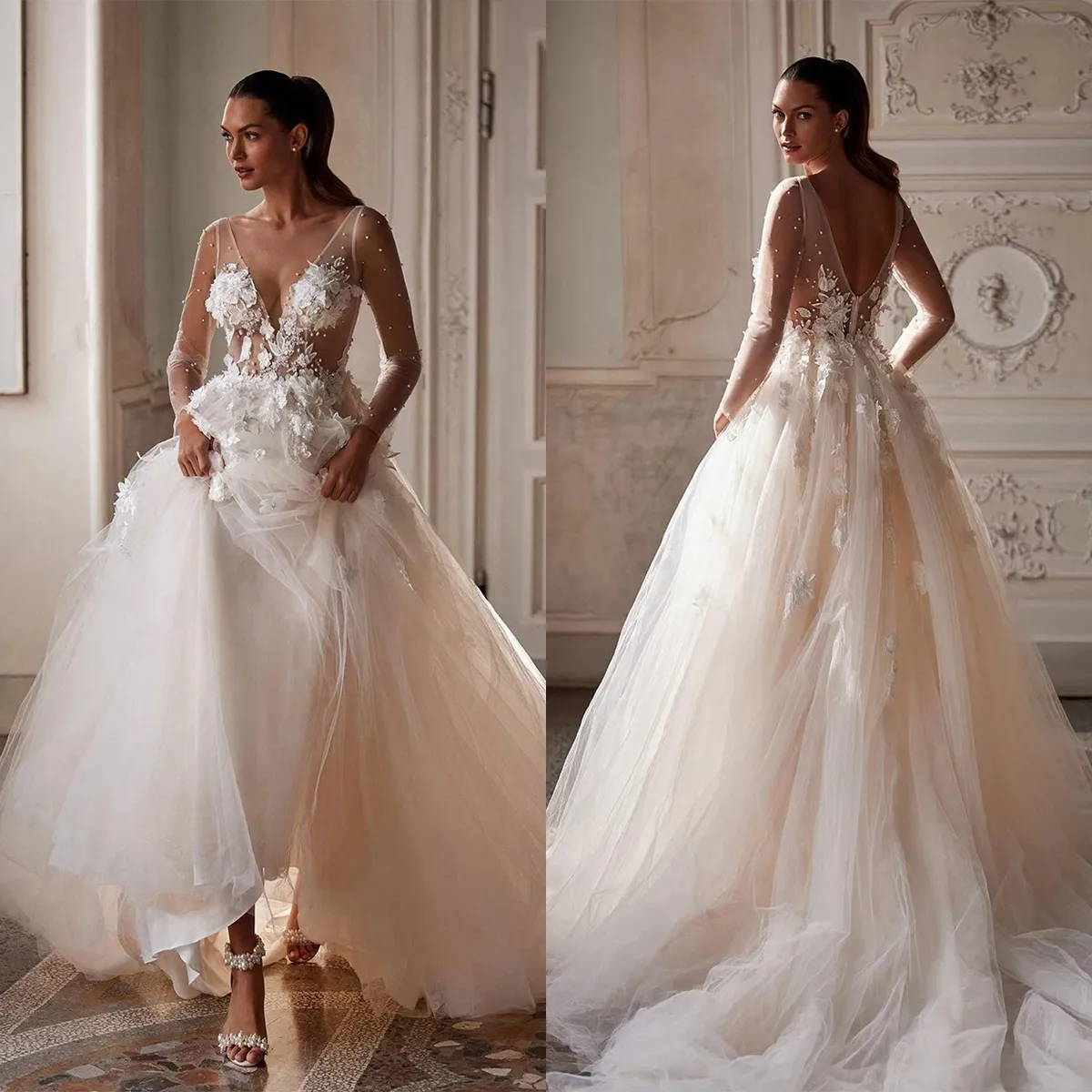 Robes de mariée fantaisie en dentelle, avec des Appliques florales 3d, ligne A, manches longues, dos nu, sur mesure, grande taille