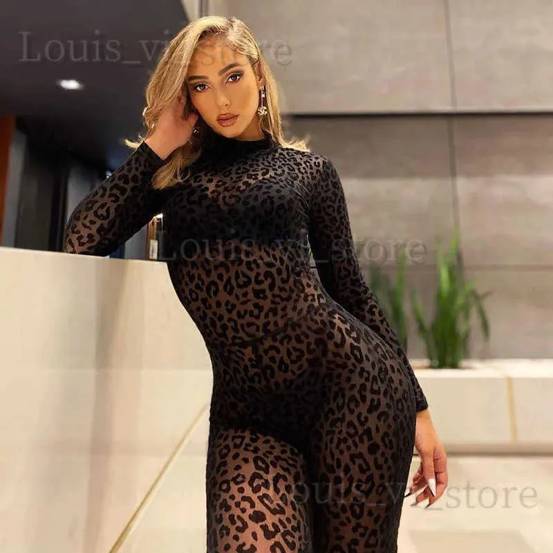 Kvinnors jumpsuits Rompers Leopard Print Jumpsuit Slim Mesh Se genom sexiga kvinnor långärmad Romper Play -dräkt One Piece Outfits BodyCon Stretch Fit 2024 T240221