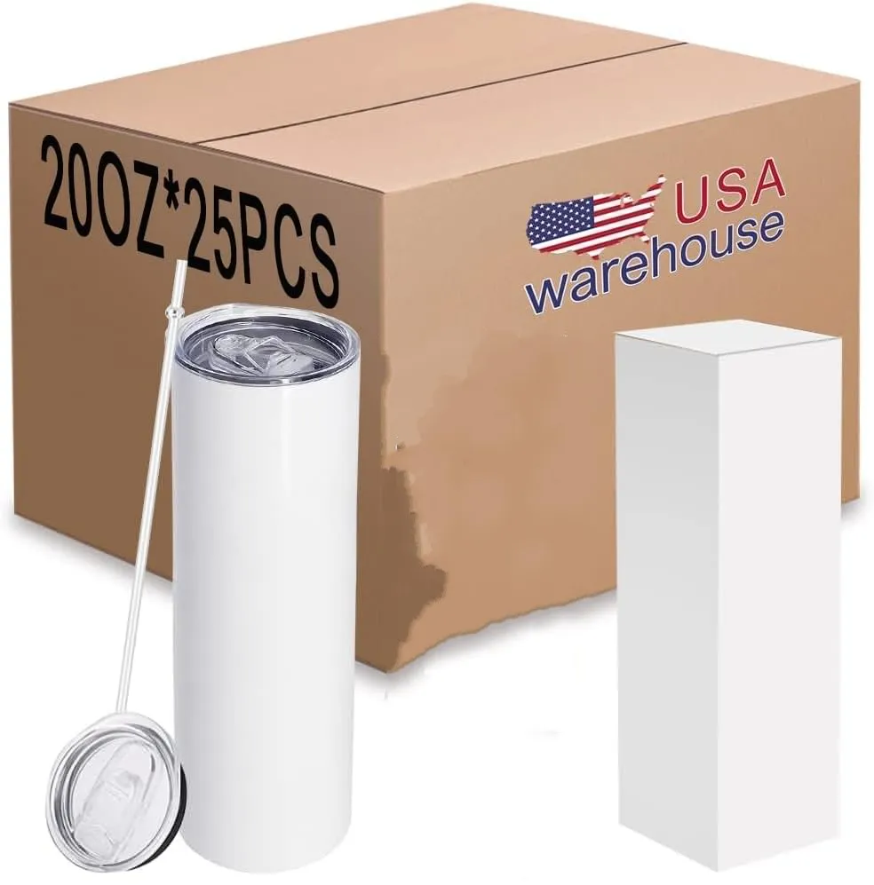 US Warehouse SubliMation Tumbler 20oz Double Wall Blanks Rostfritt stål muggar med plaststrån SS1214