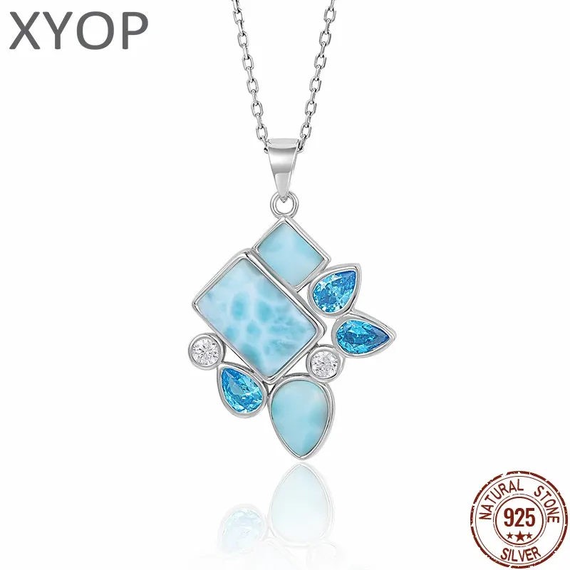 Anhänger Geometrisches Design Heißer Verkauf 925 Sterling Silber Natürliche Blaue Larimar Anhänger Halskette Damen Schmuck Für Dating