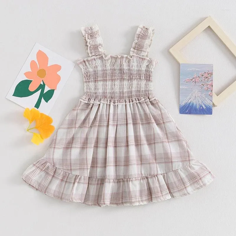 Girl Dresses Toddler Girls Sleeveless Plaid Dress Summer Clothes Square Neck Casual Ruffle Tiered Smocked Sundress