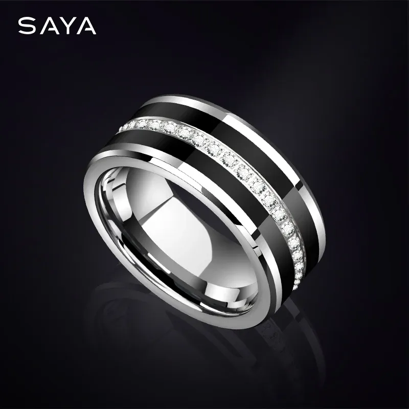 Rings Men Wedding Rings, Inlay Black Ceramic Fully Stacked Cubic Zircon Tungsten Jewelry for Engagement, Free Shipping, Customized