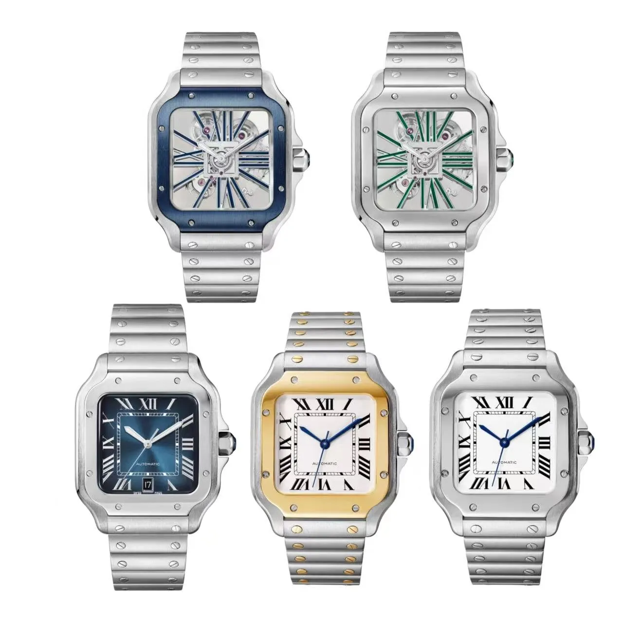 Mens Watch Santos MM 디자이너 시계 고품질 클래식 로마 다이얼 오리지널 고급 자동 기계식 L 스틸 밴드 방수 손목 시계와 상자