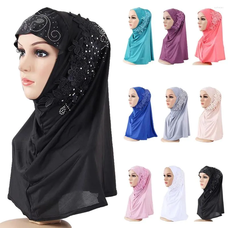 Abbigliamento etnico Un pezzo Amira Fiore Diamanti Hijab Donne musulmane Grandi ragazze Foulard Avvolgente Turbante Sciarpa istantanea Indossare Pronto da indossare