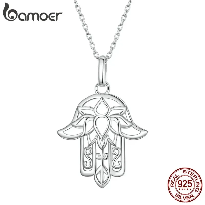 قلادة Bamoer 925 Sterling Silver Guardian Fatima's Hand Handlace Necklace Flower Pattern Neck Chian for Women Platinum Plated SCN490