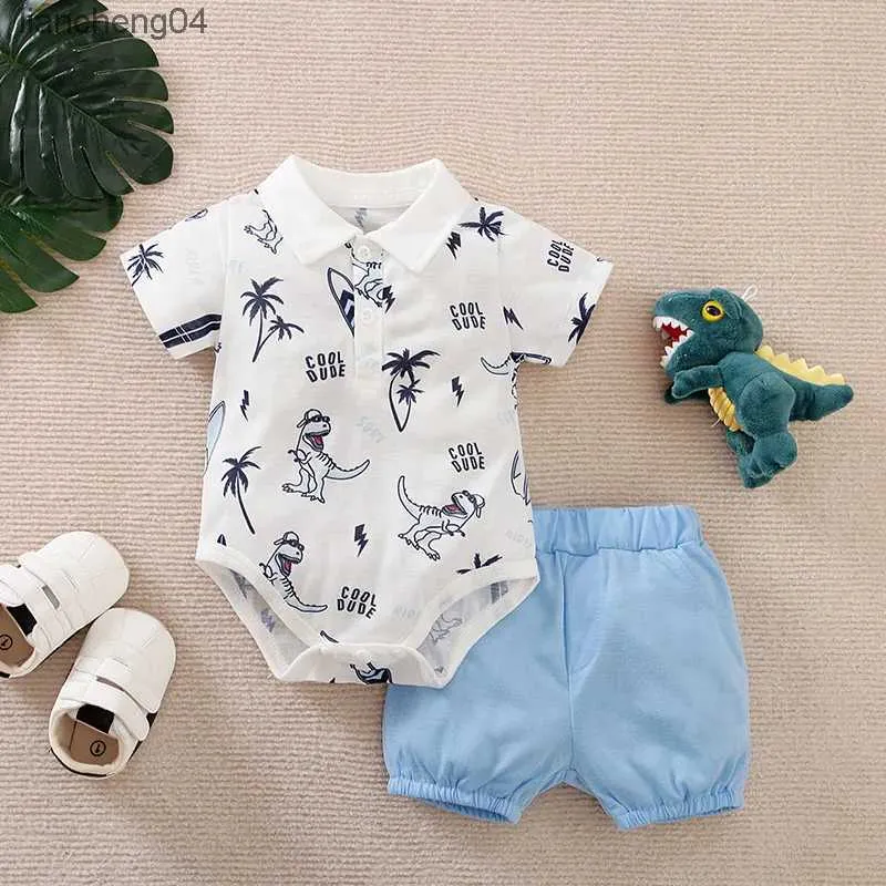 Kläder set sommarpojkar och flickor söt casual stil dinosaurie tryck bekväm kortärmad baby triangel bodysuit+tvådelar byxor set