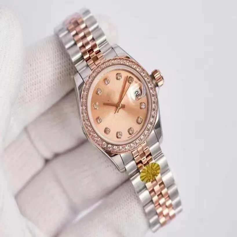 Högkvalitativ 26mm Fashion Rose Gold Ladies Dress Watch Diamond Dial Waterproof Mechanical Automatic Womens Watches Rostfri Steel255w