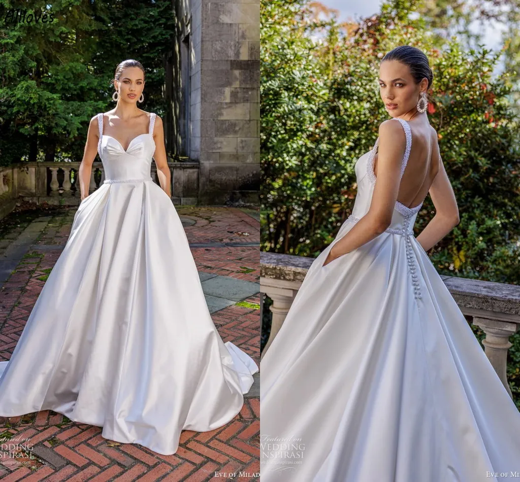 Nuovo designer raso una linea abiti da sposa senza spalline semplici e moderni abiti da sposa bianchi chic perline sexy backless sposa donne matrimonio abiti da sposa CL3311