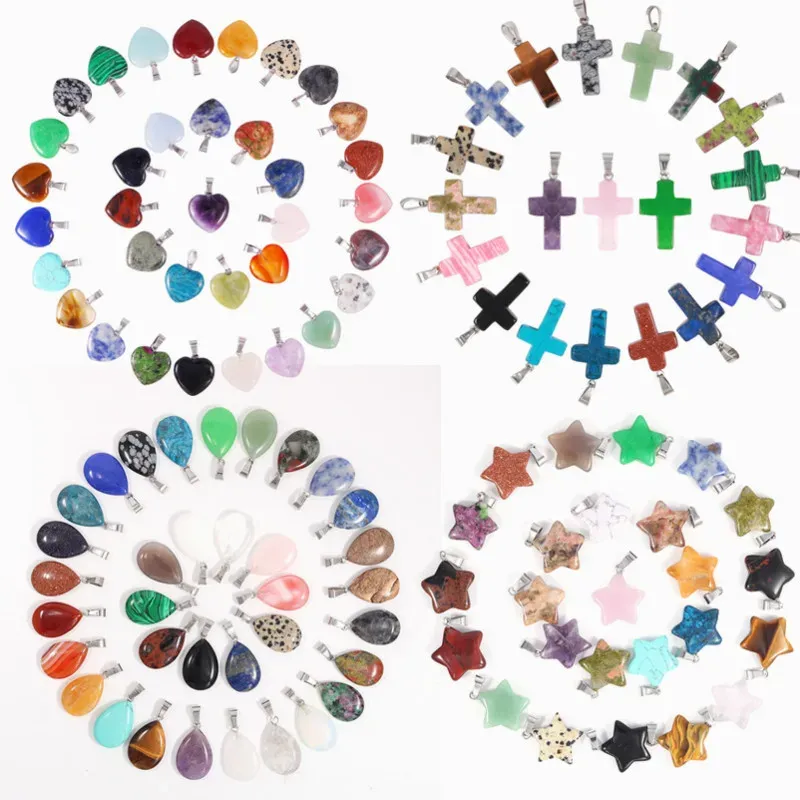 Necklaces Wholesale 50pcs/lot Natural Stone Moon Pendants Charms Necklace for Jewelry Making Mix Heart Stars Cross Pillar Gemstone Gifts