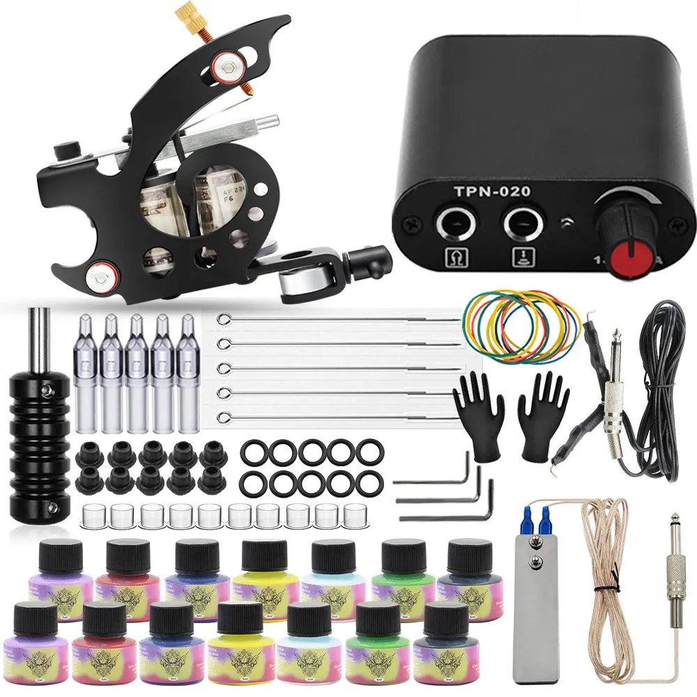 Dresses Yuelong Complete Tattoo Kits with Coils Tattoo Hine Guns Power Supply Foot Pedal Needles for Tattoo Liner Shader Kit Supplies