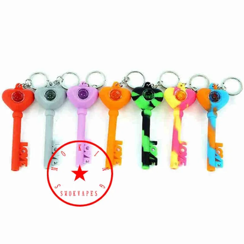 Latest Colorful LOVE Key Shape Silicone Hand Pipes Glass Filter Holes Screen Bowl Portable Herb Tobacco Cigarette Holder Smoking Pocket Handpipes DHL