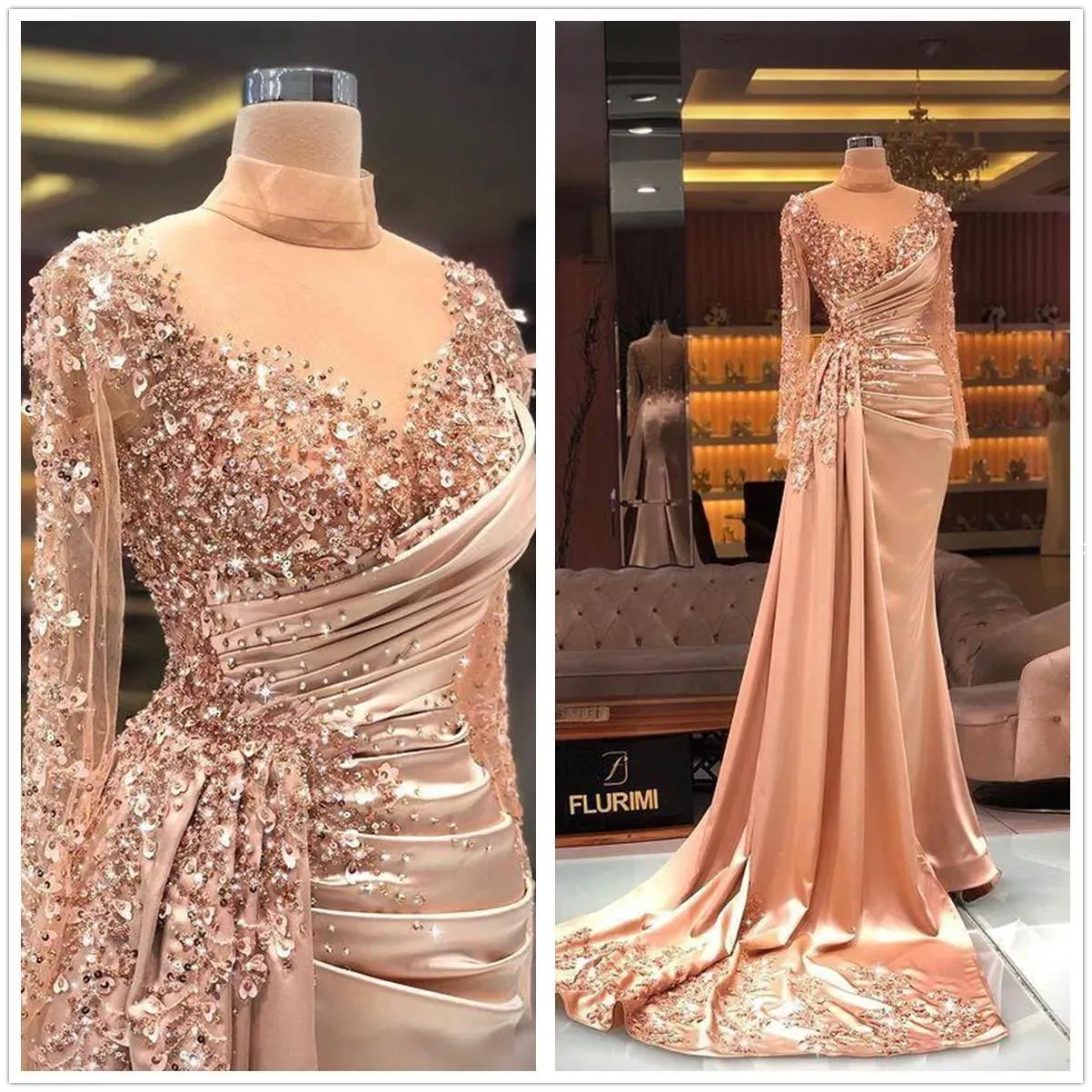 Arabic Aso Ebi Luxurious Mermaid Sexy Evening Dresses 2024 Sheer High Neck Long Sleeves Beaded Sequins Satin Prom Formal Party Second Reception Gowns Dress