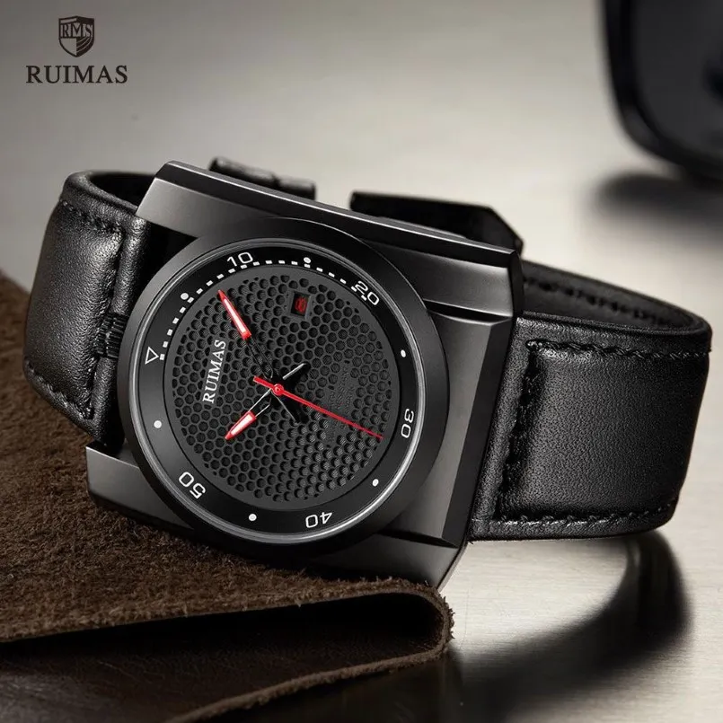 Ruimas Luxus-Automatikuhren für Herren, quadratisches Zifferblatt, analoge mechanische Uhr, schwarze Lederarmbanduhr, Relogios-Masculino-Uhr 67752589