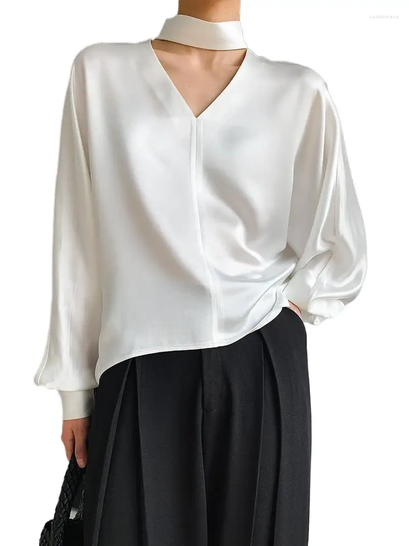 Blusas femininas oversize moda feminina casual ácido acético cetim camisa confortável e elegante com decote em v blusa de seda artificial tops branco cáqui