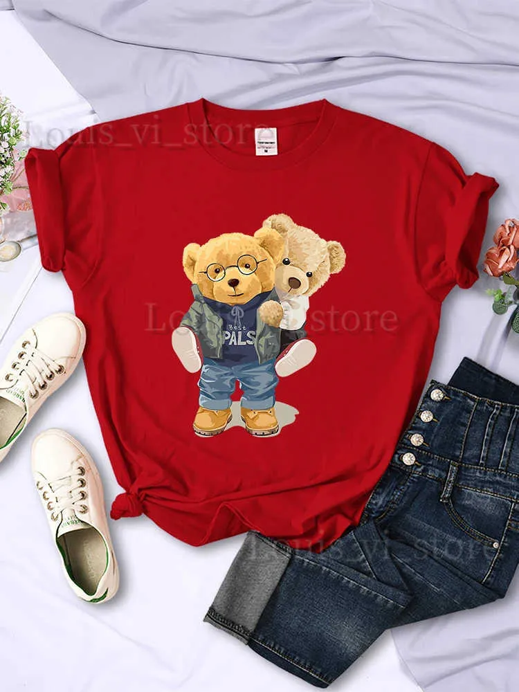 T-shirt Femme Nous sommes les meilleurs amis Teddy Bear T-shirt Femmes Été Respirant Tops Street Vintage Casual Manches courtes Sport Esthétique Tshirt T240221