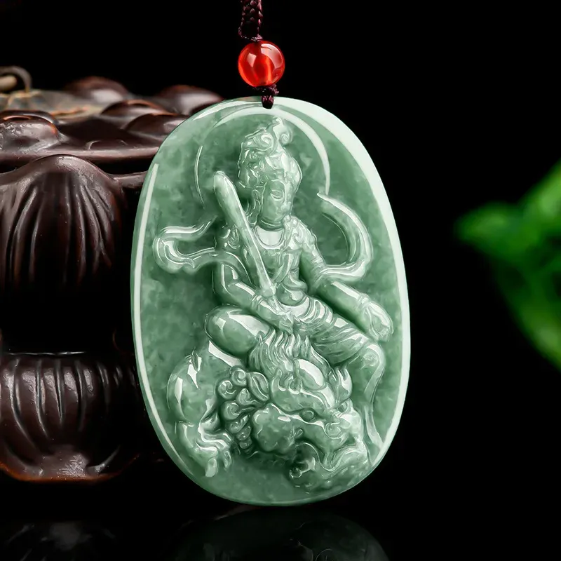 Hängen burmesiska jade guanyin hänge naturliga manjuushri halsband designer talismans jadeite green sten man verklig mode smycken vintage