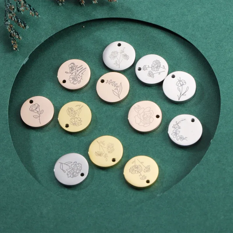 Colliers Fnixtar 12 pièces/lot 15mm rond Laser anniversaire fleur breloques miroir polonais en acier inoxydable breloques pour bricolage faisant collier bijoux