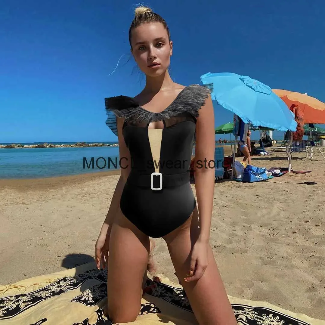 Kvinnors badkläder 2022 Ny Sexig One Piece Swimsuit Classic Women Lace Ruffle Monokini Retro Black Bodysuit Vintage Bathing Suit Girlsh24221