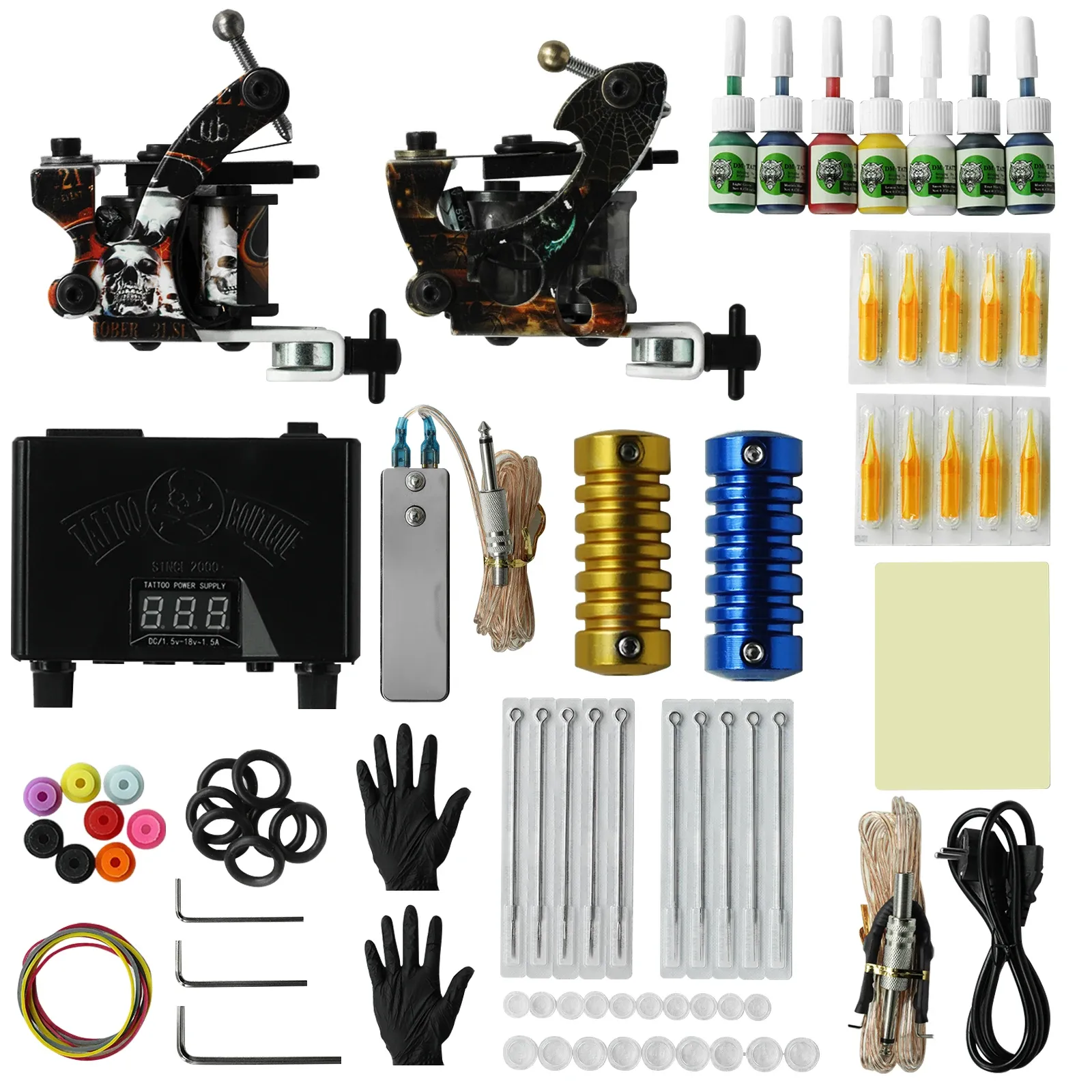 Guns Tattoo Kits Complete Coil Hine Grip Power Supply Foot Pedal Needles Inks Tips Tattoo Gun Set for Tattoo