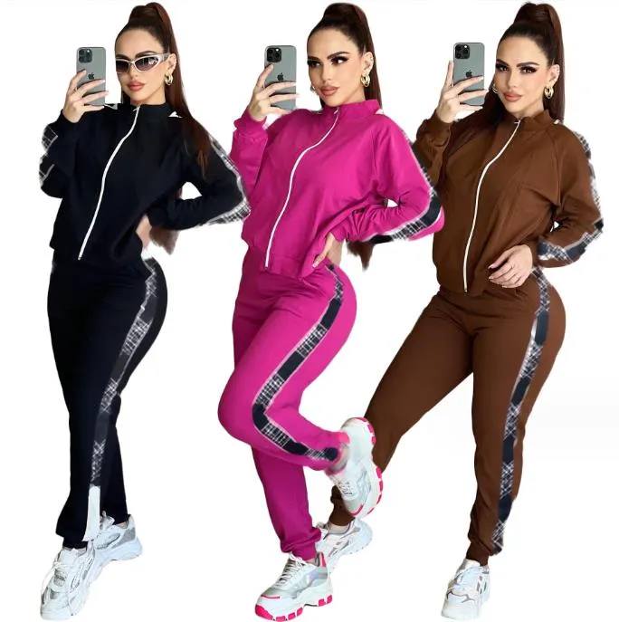 Tasarımcı Marka Kadın Spor Giyim Baskılı İki Parçalı Ceket Uzun Pantolon Uzun Kollu Kadın Takım Yaka Spor Giyim Fermuar Jogging Suit J2940