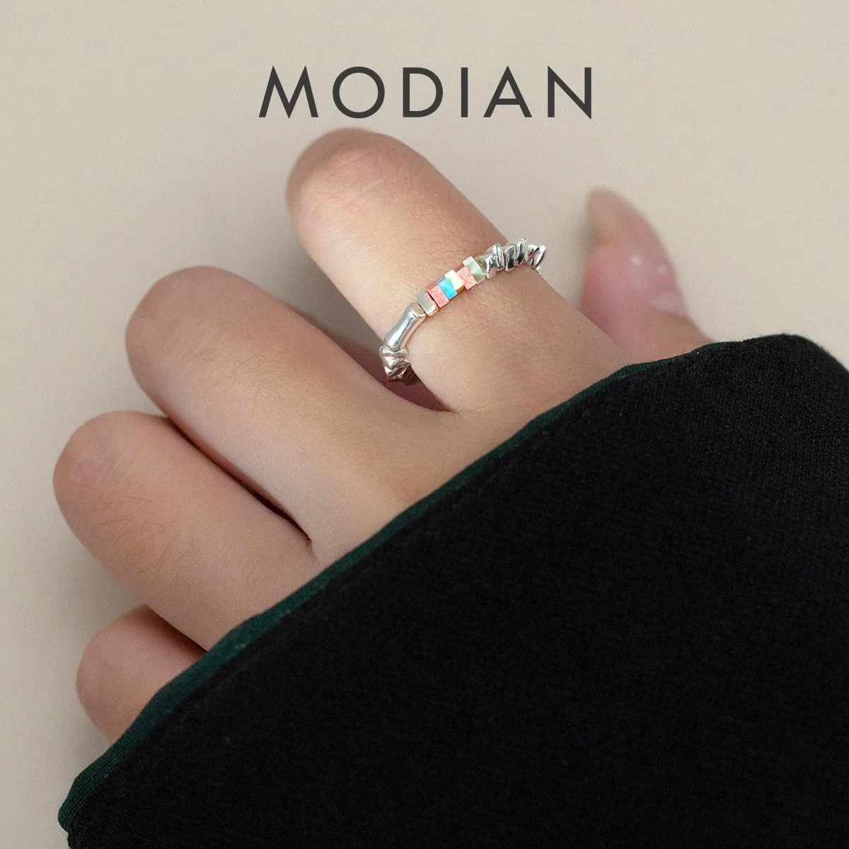 Halkalar Modian 925 STERLING Gümüş Geometrik Gökkuşağı Kristal Ayarlanabilir Parmak Yüzükler Moda Kadın Mücevherleri İçin İstiflenebilir Yaz Yüzüğü