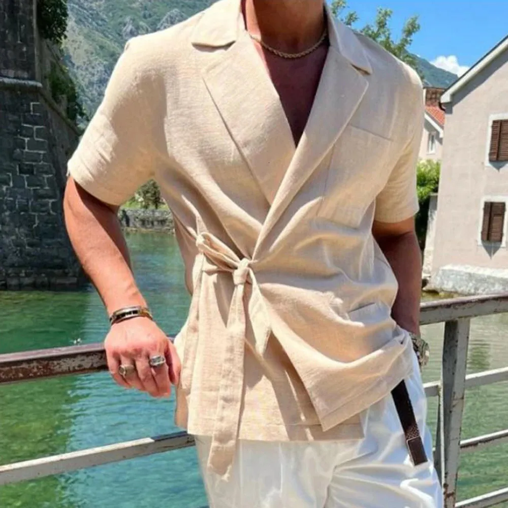 Summer Solid Linen Kort ärmskjorta Set Flip Tie French Elegant Gentleman Loose Casual Simple Mens Wear 240221