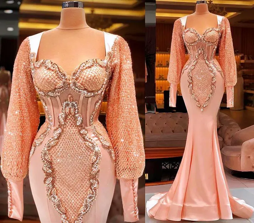 Arabisch Plus Größe Aso Ebi Luxuriöses Meerjungfrau Sexy Prom Kleider Pfirsich Pink Spitze Perlen Langarmes Abend formelle Party zweite Empfangskleider Kleid