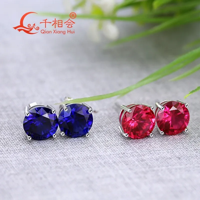 Oorbellen S925 Silver Corundum Red of blauwe kleurronde vorm 8mm Lab gemaakt Ruby Sapphire Stone Oor Stud Oording