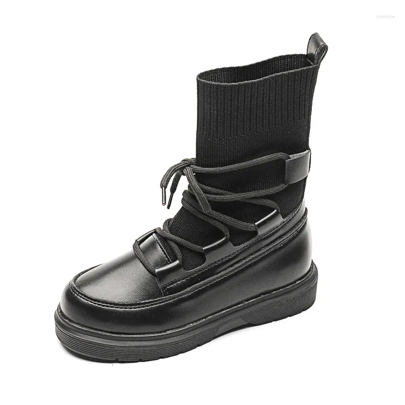 Buty dziewczyny latające dzianinowe skarpetki z szycia jesienne skórzane buty dla dzieci Wodoodporne botki bez poślizgu dzieci