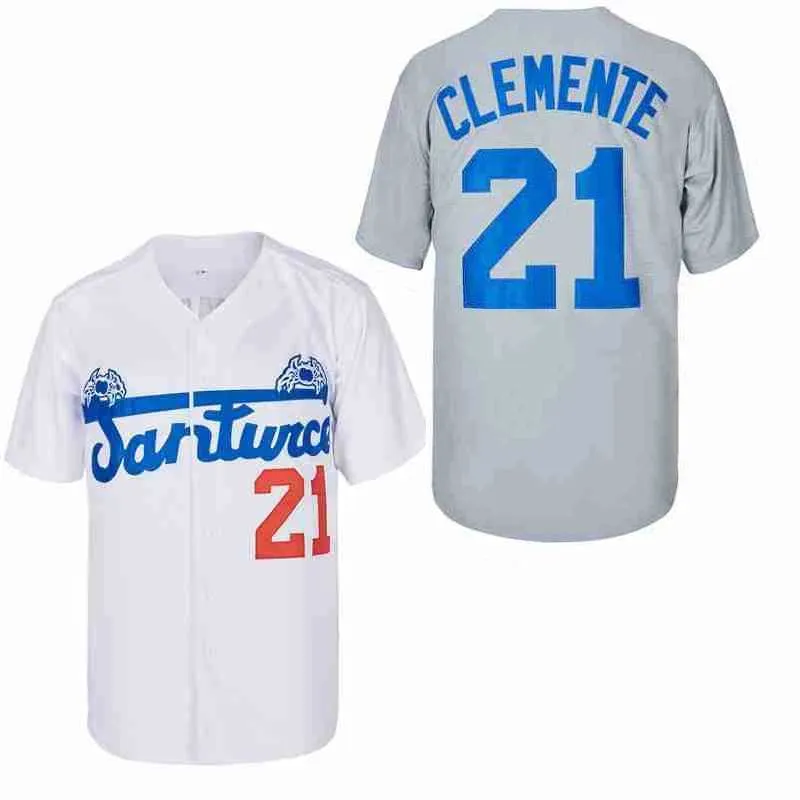 Mäns T-shirts Baseballtröja Santurce Crabbers Puerto Rico 21 Clemente Jerseys Sybroderi Högkvalitativ sport utomhus vit grå ny J240221
