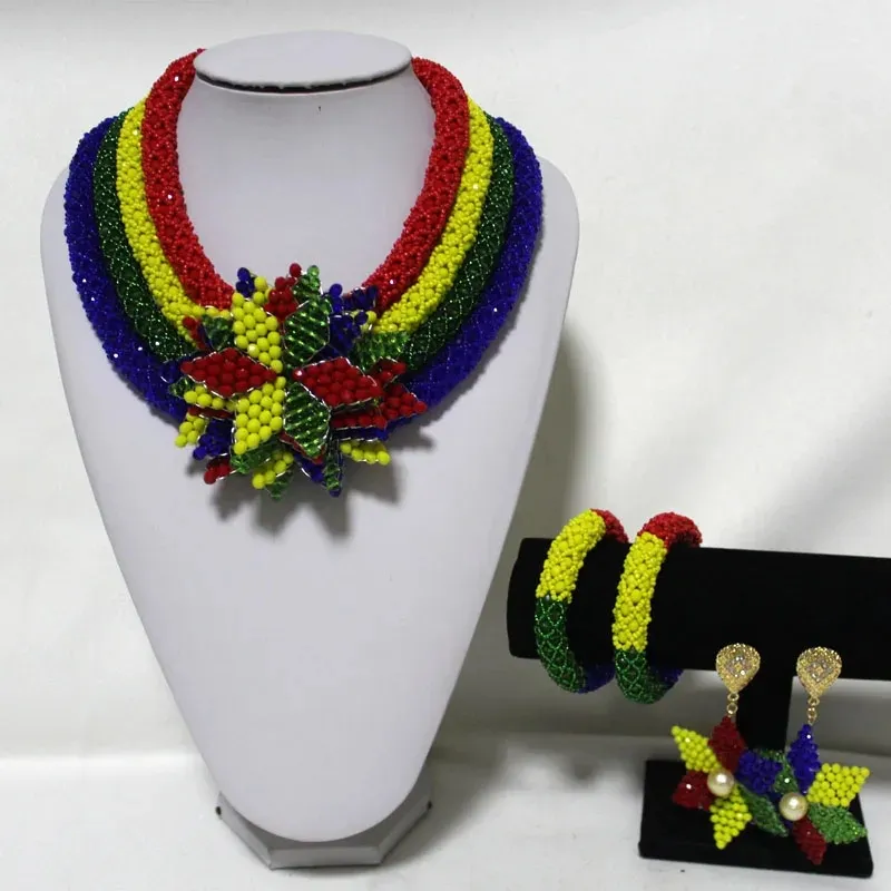 Handmade African Jewelry Set Colorful Nigerian Beads, 4-Layer