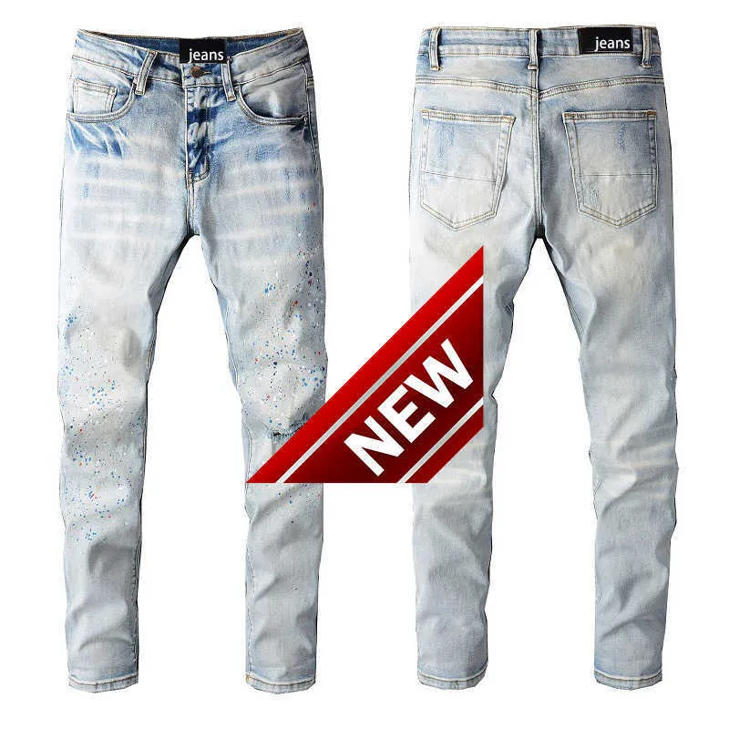 personalized fashion street cowboy casual pants micro cotton Youth Blue splash paint tight jeans