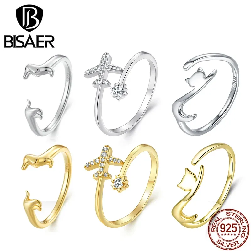 Anelli BISAER 100% argento sterling 925 carino anello bassotto per le donne placcato oro 14K pet fascia regolabile gioielli di moda per feste 4 colori