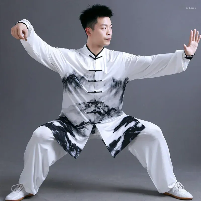 Vêtements ethniques Hommes Tai Chi Arts Martiaux Kungfu Uniformes Chinois Traditionnel Sweat Pantalon Lait Soie Wushu Méditation Tenue Ensemble Survêtement